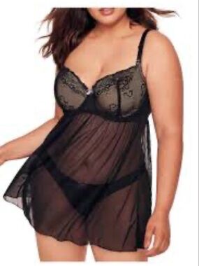 Adore Me Ella Black Lace Sheer Underwire Babydoll Chemise